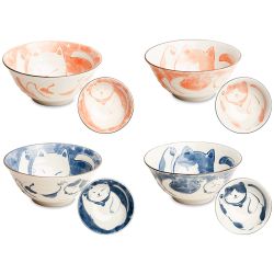 Coffret 4 bols udon chats - Orange & bleuØ14,5cm