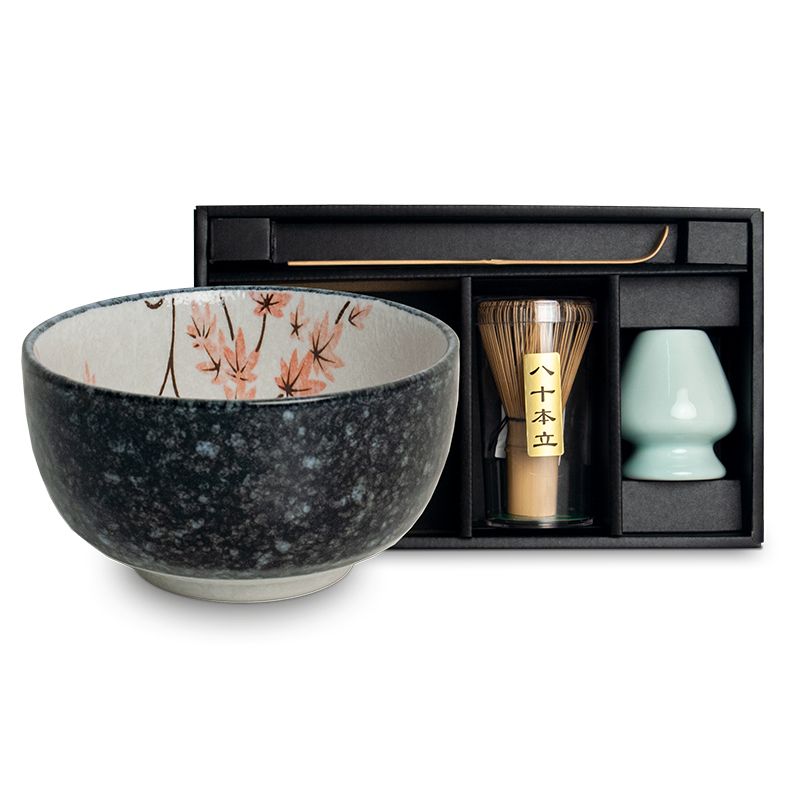 Coffret pour thé matcha : bol, cuillère doseuse, fouet et son support -Erable Momiji