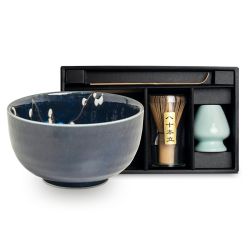 Coffret pour thé matcha : bol, cuillère doseuse, fouet et son support -Bleu & fleurs