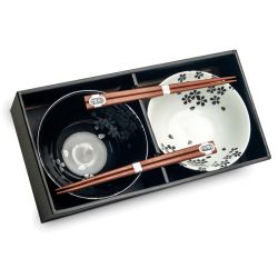 3 Bowls & chopsticks giftset - Black & white Sakura Ø15cm