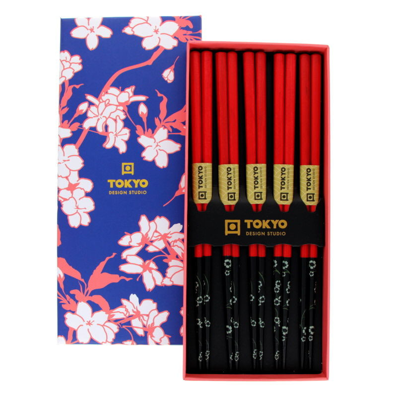 Coffret 5 p. baguettes rouge noir fleurs TDS