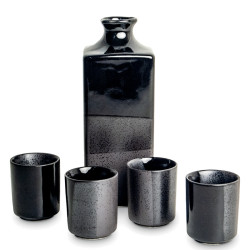 Coffret pour le saké : 4 tasses et 1 carafe - Noir & gris