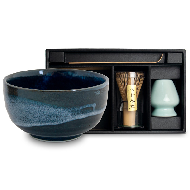 Coffret pour thé matcha : bol, cuillère doseuse, fouet et son support -  Bleu Emro | SATSUKI