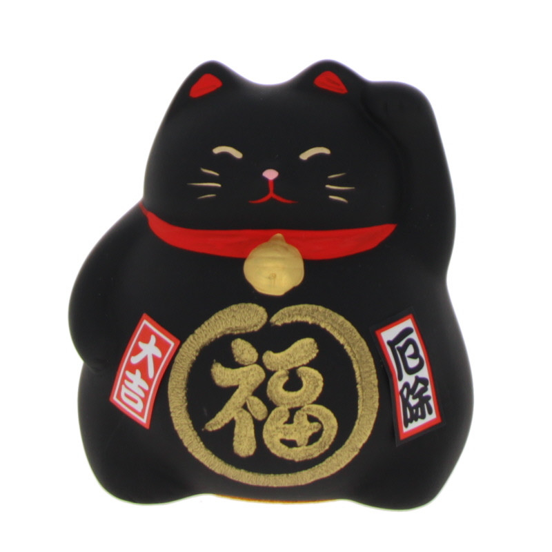 Chat porte-bonheur japonais manekineko, KURO, noir et rouge