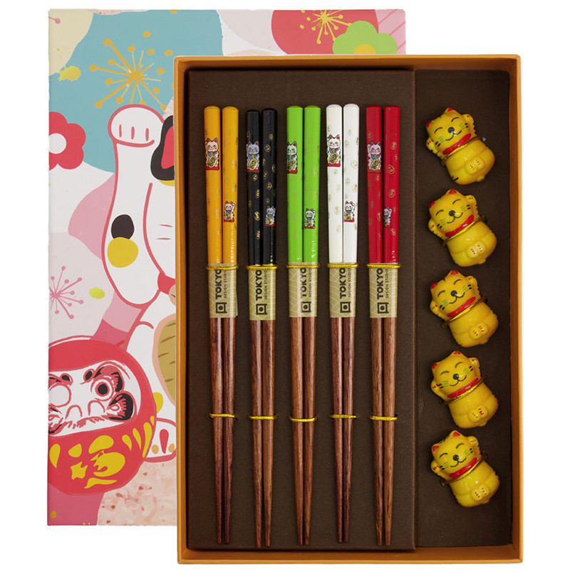 Giftset 5 chopsticsk pairs & assorted chopsticks rests - Manekineko