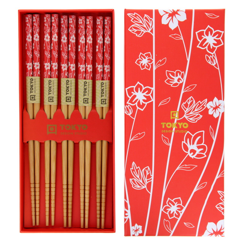 Coffret 5 paires de baguettes - Fleurs & rouge