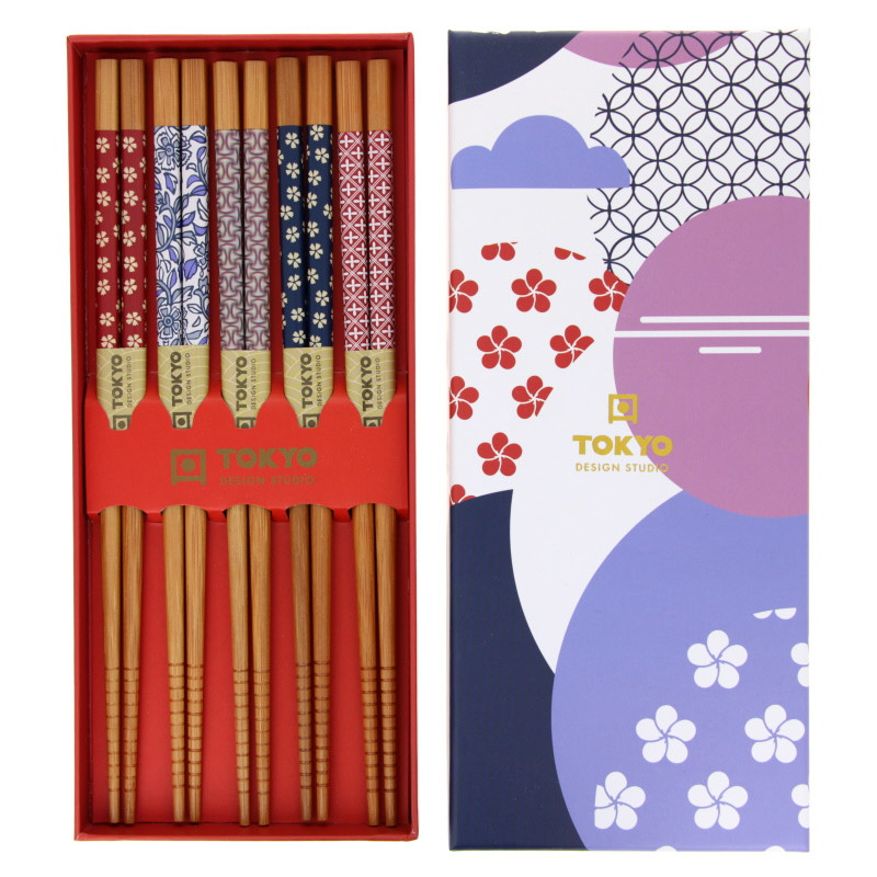 Coffret 5 paires de baguettes - Fleurs stylisées